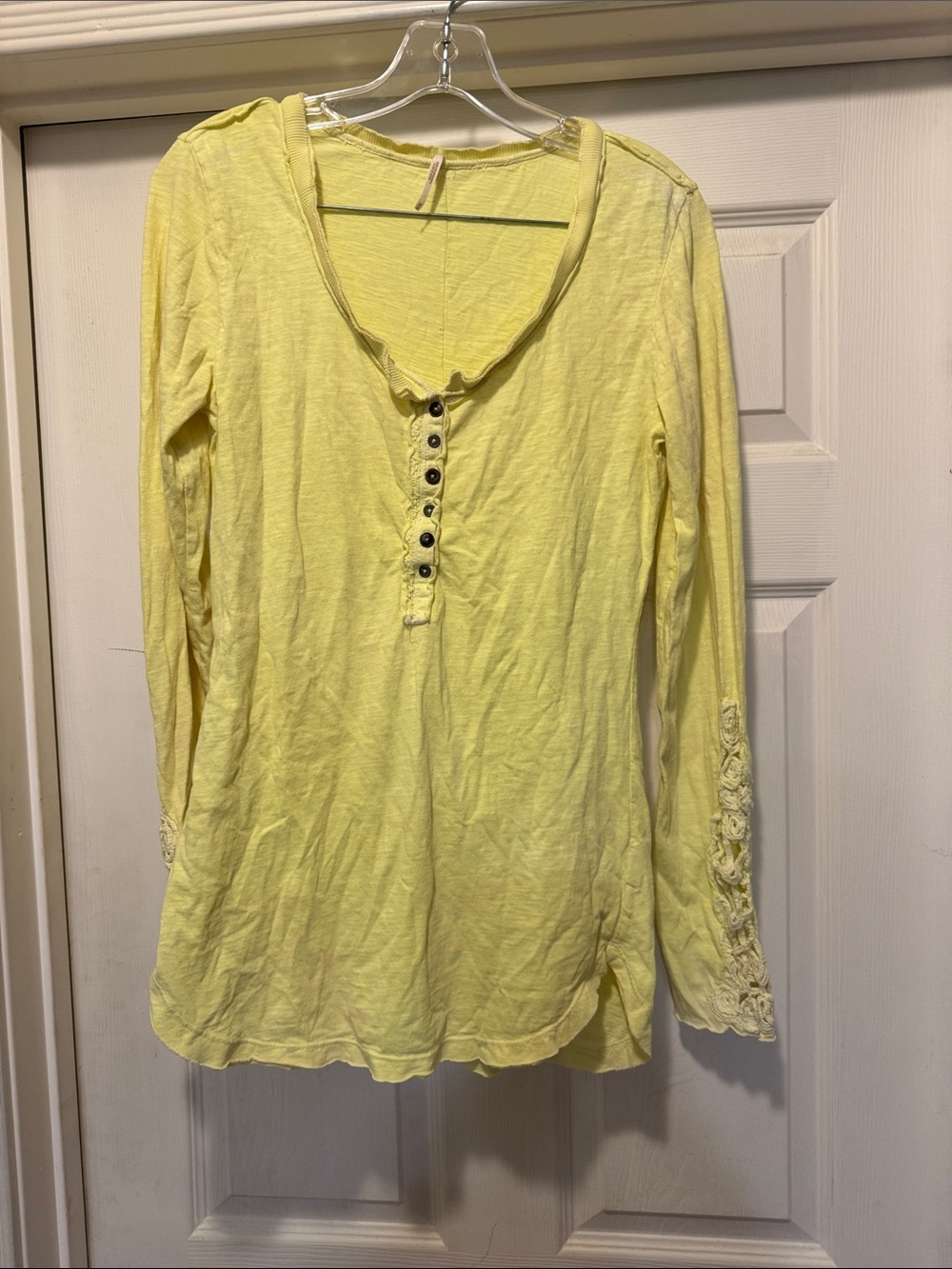 Free People  Yellow Lace-Sleeve Henley Long Sleeve Top - Women - Picture 2 of 4